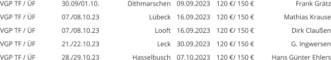 VGP TF / ÜF 30.09/01.10. Dithmarschen 09.09.2023 120 €/ 150 € Frank Grätz VGP TF / ÜF 07./08.10.23 Lübeck 16.09.2023 120 €/ 150 € Mathias Krause VGP TF / ÜF 07./08.10.23 Looft 16.09.2023 120 €/ 150 € Dirk Claußen VGP TF / ÜF 21./22.10.23 Leck 30.09.2023 120 €/ 150 € G. Ingwersen VGP TF / ÜF 28./29.10.23 Hasselbusch 07.10.2023 120 €/ 150 € Hans Günter Ehlers