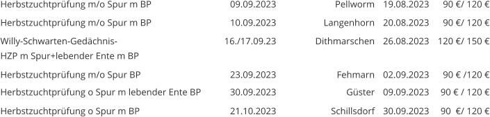 Herbstzuchtprüfung m/o Spur m BP 09.09.2023 Pellworm 19.08.2023 90 €/ 120 € Herbstzuchtprüfung m/o Spur m BP 10.09.2023 Langenhorn 20.08.2023 90 €/ 120 € Willy-Schwarten-Gedächnis- HZP m Spur+lebender Ente m BP  16./17.09.23 Dithmarschen 26.08.2023 120 €/ 150 € Herbstzuchtprüfung m/o Spur BP 23.09.2023 Fehmarn 02.09.2023 90 € /120 € Herbstzuchtprüfung o Spur m lebender Ente BP 30.09.2023 Güster 09.09.2023 90 € / 120 € Herbstzuchtprüfung o Spur m BP 21.10.2023 Schillsdorf 30.09.2023 90  €/ 120 €