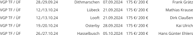 VGP TF / ÜF 28./29.09.24 Dithmarschen 07.09.2024 175 €/ 200 € Frank Grätz VGP TF / ÜF 12./13.10.24 Lübeck 21.09.2024 175 €/ 200 € Mathias Krause VGP TF / ÜF 12./13.10.24 Looft 21.09.2024 175 €/ 200 € Dirk Claußen VGP TF / ÜF 19./20.10.24 Osterby 28.09.2024 175 €/ 200 € Kai Ulrich VGP TF / ÜF 26./27.10.24 Hasselbusch 05.10.2024 175 €/ 200 € Hans Günter Ehlers